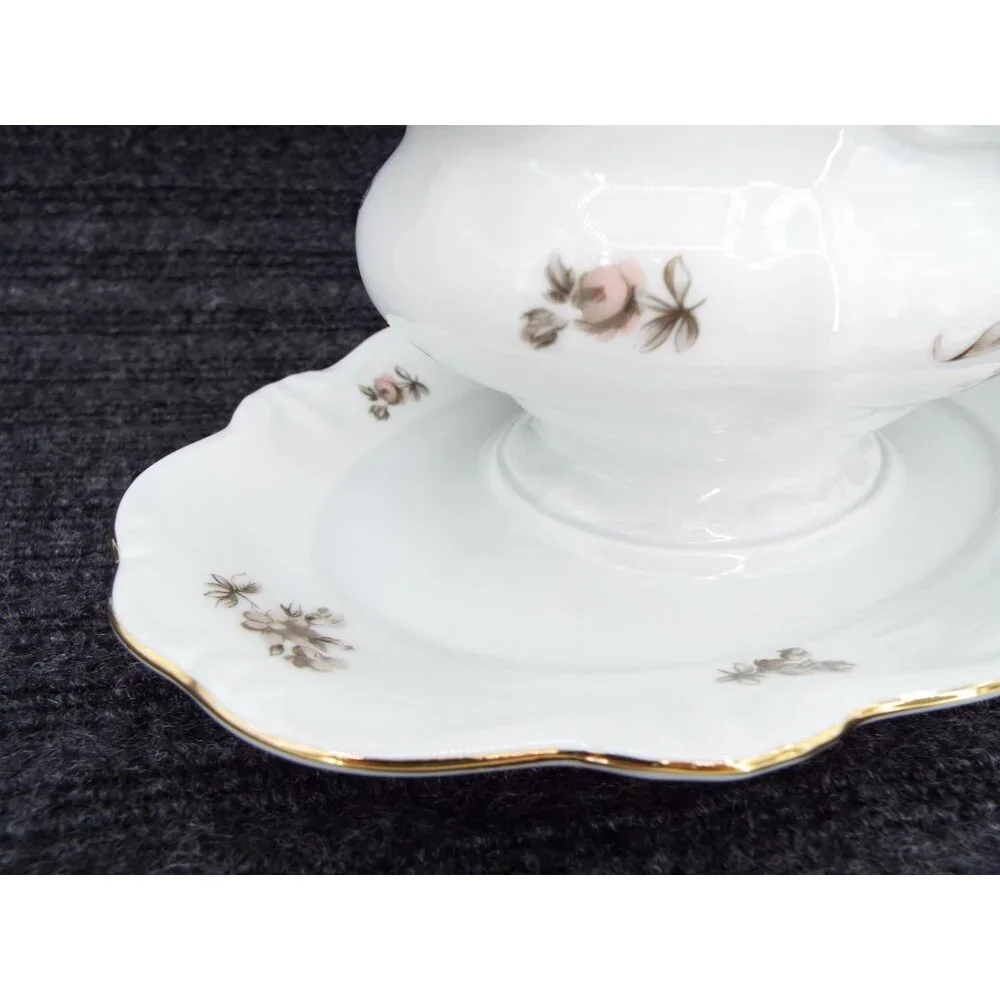 Johann Haviland Sepia Rose Gravy Boat Attached Underplate Bavaria Germany